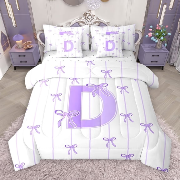 Castle Fairy Monogrammed Letter D 7 Pieces Bedding Comforter Set for Teens Boys Girls,Kawaii Bow Full Bedding Set Lightweight,Geometric Stripes Fitted Sheet Flat Sheet,Super Cozy Room Decor