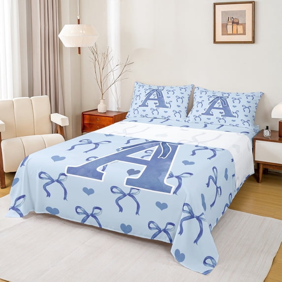 Castle Fairy Monogrammed Letter Initial A 3Pcs Twin Sheet Sets for Teens Girls Boys,Kawaii Blue Bow Twin Fitted Sheet,Dreamy Princess Breathable Flat Sheet,Super Cozy Room Decor