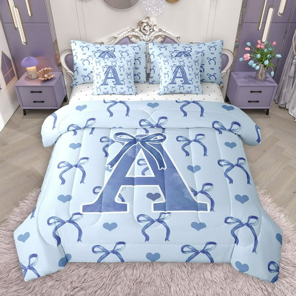 Castle Fairy Monogrammed Letter Initial A 7 Pieces Bedding Comforter Set for Teens Girls Boys,Kawaii Blue Bow Full Bedding Set Lightweight,Dreamy Princess Fitted Sheet Flat Sheet