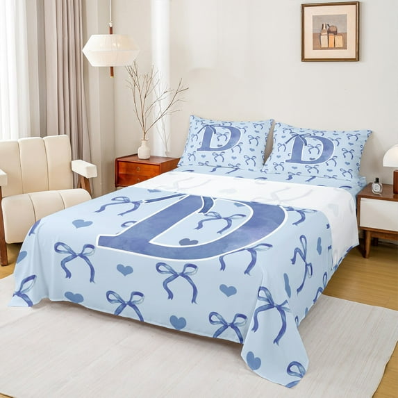 Castle Fairy Monogrammed Letter Initial D 4Pcs Bed Sheets for Teens,Kawaii Blue Bow King Sheets,Dreamy Princess Super Cozy Sheet Set,Super Cozy Room Decor