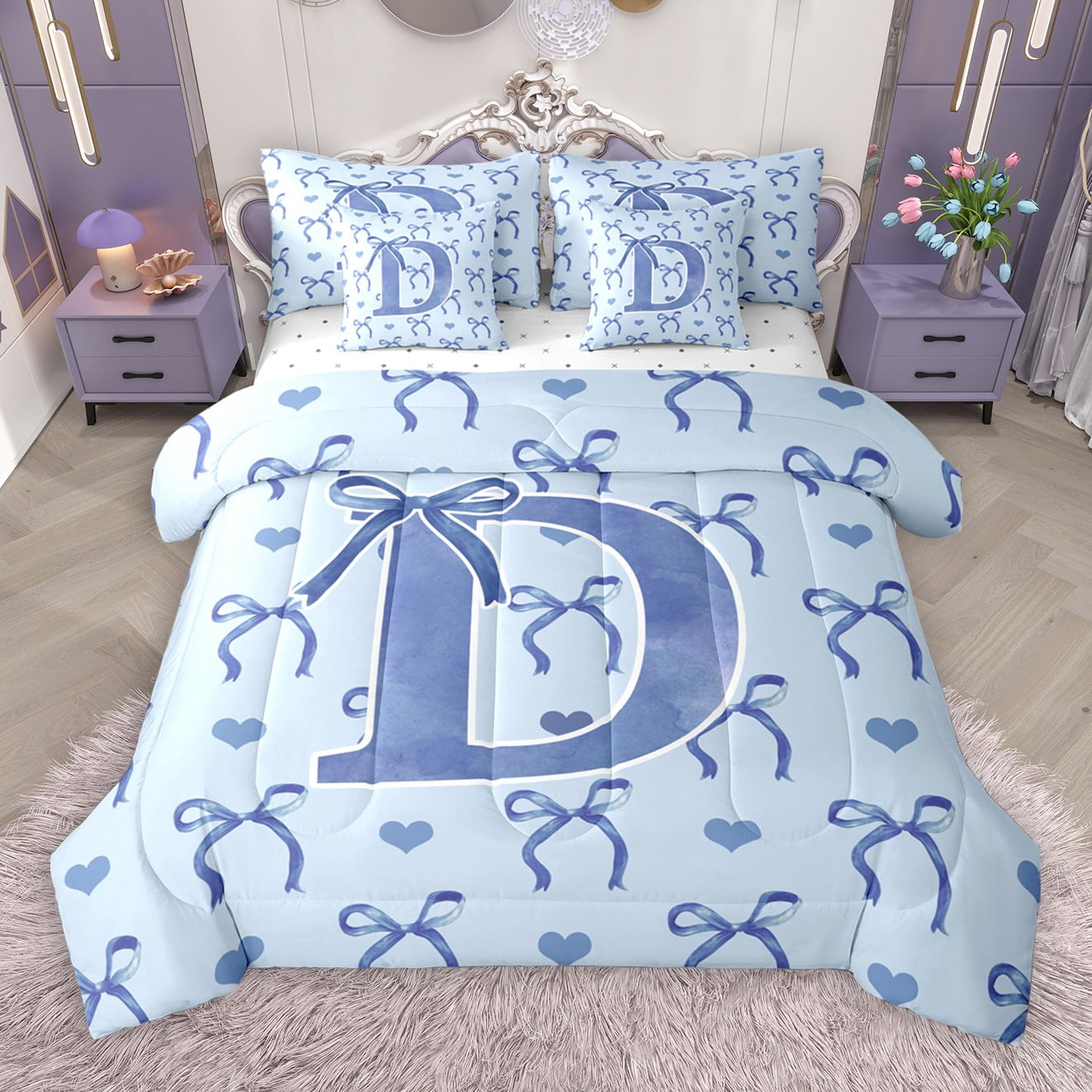 Castle Fairy 7-Piece Queen Bedding Set - Initial D, Kawaii Blue Bow ...