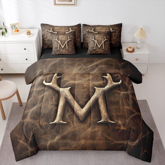 Castle Fairy Monogrammed Letter Initial M 7-Piece Bedding Comforter Set for Teens Women Men,Jungle Wildlife Deer King Bedding Sets,Animal Print Ultra Soft Bed Sheets,Breathable Home Decor