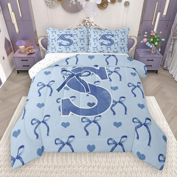 Castle Fairy Monogrammed Letter Initial S 3 Pieces Queen Comforter Set for Children Women Teens,Kawaii Blue Bow Ultra Soft Bedding Sets,Dreamy Princess Bedding Comforter Set,Super Cozy Room Decor