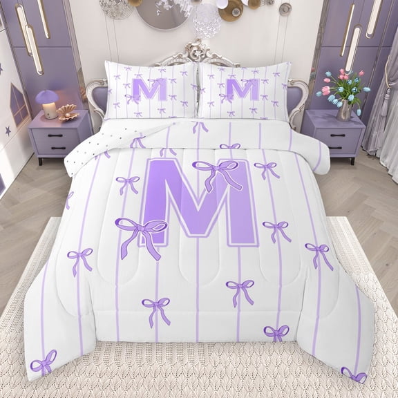 Castle Fairy Monogrammed Letter M 2Pcs Bedding Comforter Set for Teens Boys Girls,Kawaii Bow Twin Comforter Sets,Geometric Stripes Breathable Bedding Set,Super Cozy Room Decor