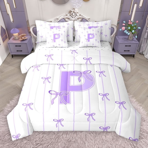 Castle Fairy Monogrammed Letter P 7 Pieces Bedding Comforter Set for Teens Boys Girls,Kawaii Bow Full Bedding Set Lightweight,Geometric Stripes Fitted Sheet Flat Sheet,Super Cozy Room Decor