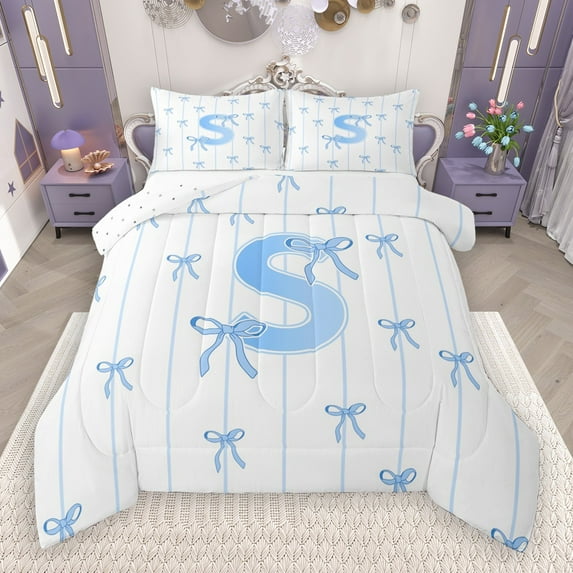 Castle Fairy Monogrammed Letter S 2Pcs Bedding Comforter Set for Teens Boys Girls,Kawaii Bow Twin Comforter Sets,Geometric Stripes Breathable Bedding Set,Super Cozy Room Decor