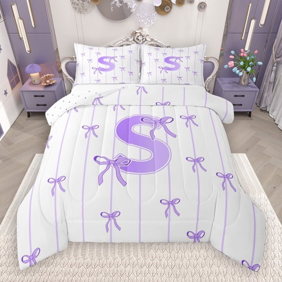 Castle Fairy Monogrammed Letter S 2Pcs Bedding Comforter Set for Teens Boys Girls,Kawaii Bow Twin Comforter Sets,Geometric Stripes Breathable Bedding Set,Super Cozy Room Decor