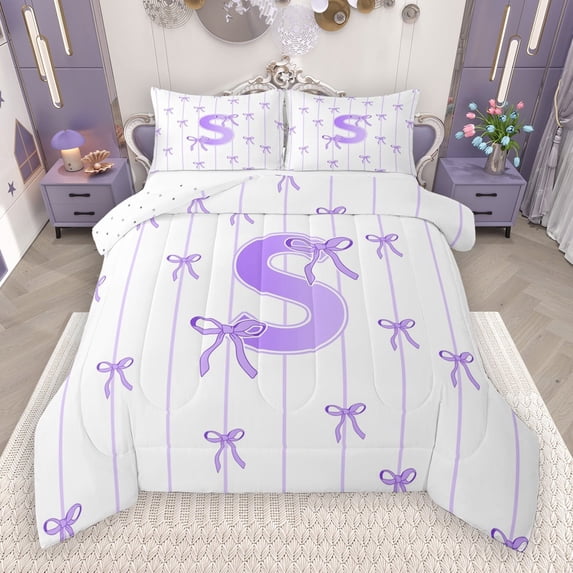 Castle Fairy Monogrammed Letter S 2Pcs Bedding Comforter Set for Teens Boys Girls,Kawaii Bow Twin Comforter Sets,Geometric Stripes Breathable Bedding Set,Super Cozy Room Decor