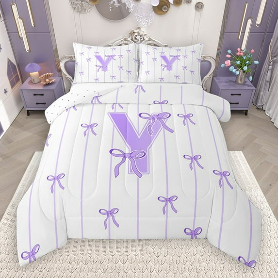 Castle Fairy Monogrammed Letter Y 2Pcs Bedding Comforter Set for Teens Boys Girls,Kawaii Bow Twin Comforter Sets,Geometric Stripes Breathable Bedding Set,Super Cozy Room Decor