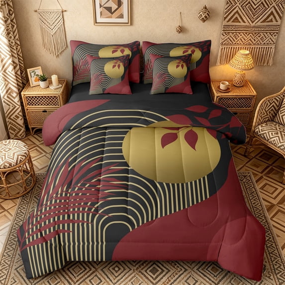 Castle Fairy Moody Red Leaf Bedding Comforter Set 7-Piece for Adults, Abstract Gold Sun King Bedding Sets for Modern Room, Red Black Gold,Black Reversible