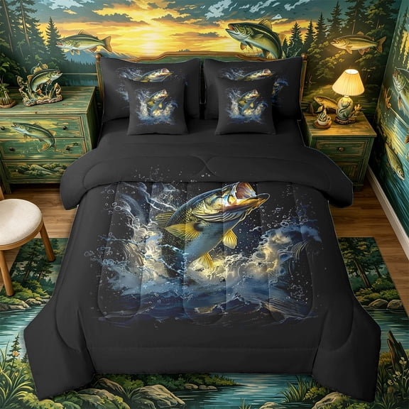 Castle Fairy Moody Splash Bass 7-Piece Twin Bedding,Dark Lake Bubble Art Bedding Comforter Set,Charcoal Gold,Black Reversible
