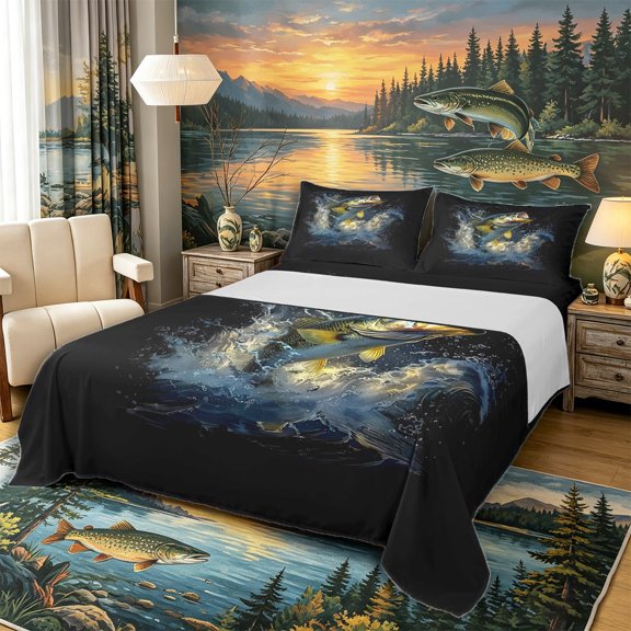 Castle Fairy Moody Splash Bass Bed Sheets 4-Piece,Dark Lake Bubble Art Full Size Sheets,Charcoal Gold,1 Fitted Sheet,1 Flat Sheet and 2 Pillowcases