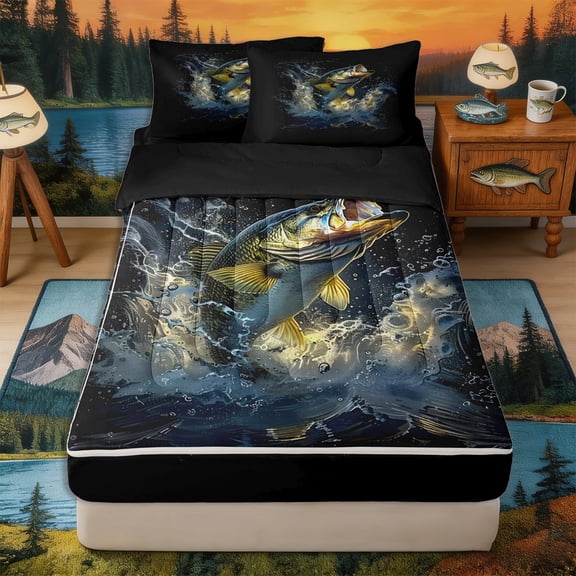 Castle Fairy Moody Splash Bass Zipper Twin Comforter Sets with Fitted Sheet and 2 Pillowcases,Dark Lake Bubble Art Zipper Bedding Set,Charcoal Gold,Black Reversible,4-Piece