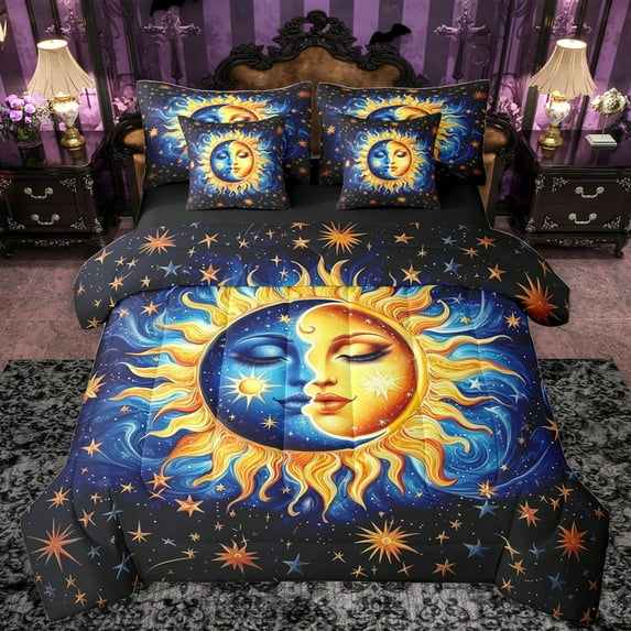 Castle Fairy Moon Sun Bedding Comforter Set 7 Pieces for Teens Girls,Starry Sky Full Bedding Set Lightweight,Bohemian Theme Fitted Sheet Flat Sheet,Lightweight Room Decor,Reversible