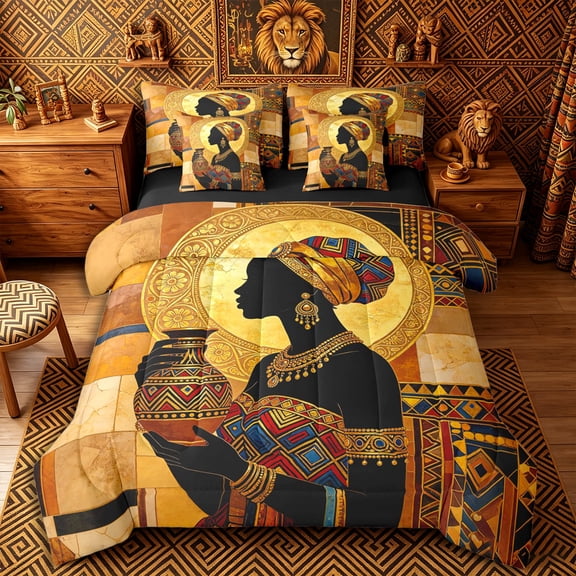 Castle Fairy Mosaic African Woman Holding Vase Twin Bedding 7-Piece,Geometric Gold Halo Pattern Bedding Comforter Set,Brown Blue Red,Black Reversible