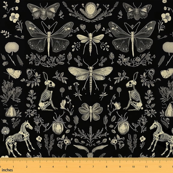 Castle Fairy Moth Dragonfly Fabric by the Yard 1 Yard,Gothic Skeleton Home Decor Fabric by the Yard,Happy Halloween Room Decor Fabric by the Yard,Lightweight Room Decor