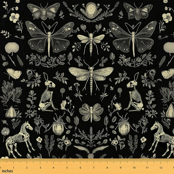 Castle Fairy Moth Dragonfly Fabric by the Yard 2 Yards,Gothic Skeleton Room Decor Fabric by the Yard,Happy Halloween Sewing Fabric,Lightweight Room Decor