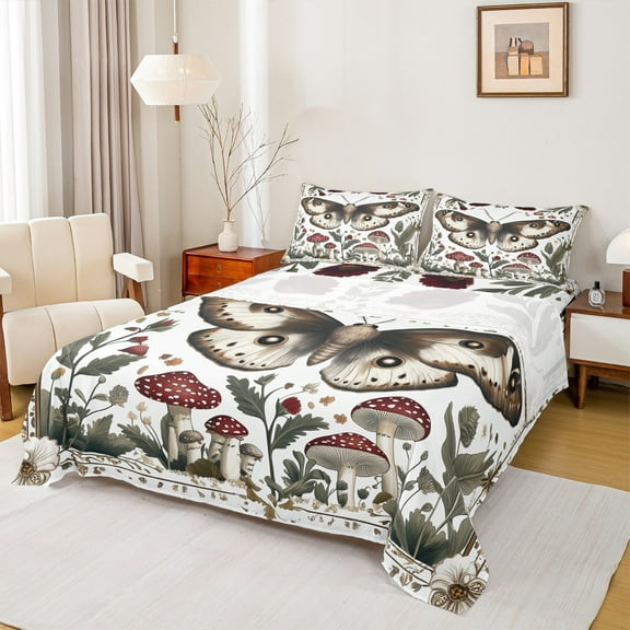 Castle Fairy Moth Mushroom 4pcs Bed Sheets,Chic Flower King Sheets,Botanical Plants Super Cozy Sheet Set,Breathable Bohemian Home Decor