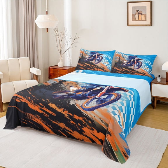 Castle Fairy Motocross Style Dirt Bike Bed Sheets 4pcs for Boys, Checkered Flag Art King Sheets for Bedroom, Orange Blue