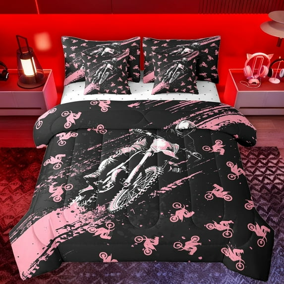 Castle Fairy Motorcycle Motocross Bedding Comforter Set 7pcs for Female Men Adults,Extreme Sport Queen Bedding Sets Super Cozy,Dirt Bike Queen Sheet Sets,Breathable Home Decor,Reversible