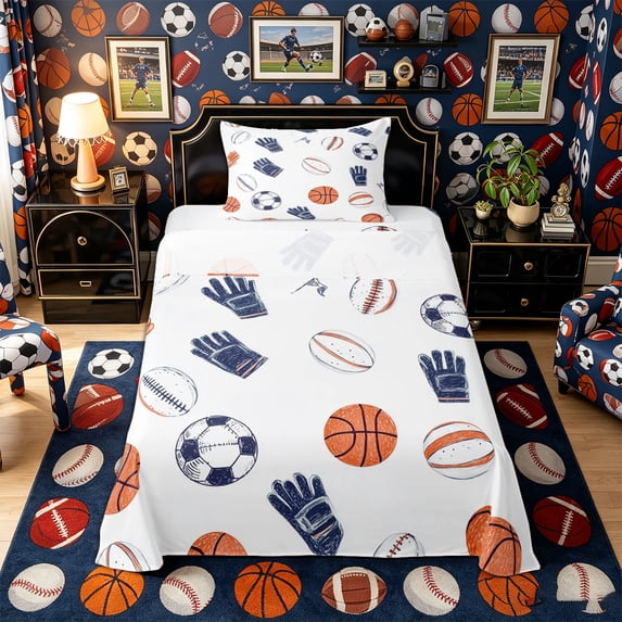 Castle Fairy Multi-Sport Balls Twin Sheets 3pcs, Hand-Drawn Gloves Bedding, Blue Orange White,1 Fitted Sheet, 1 Flat Sheet and 1 Pillowcase