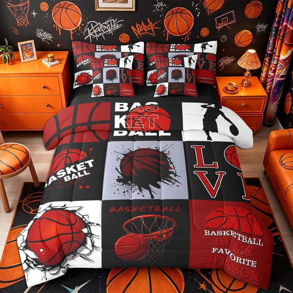 Castle Fairy Multi-Style Red Basketball Collage Twin Bedding 7-Piece, Sports Silhouette Design Bedding Comforter Set, Red Black White,Black Reversible