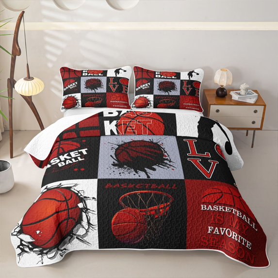 Castle Fairy Multi-Style Red Basketball Collage Twin Quilt Set,Sports Silhouette Design Twin Coverlet Set,Red Black White