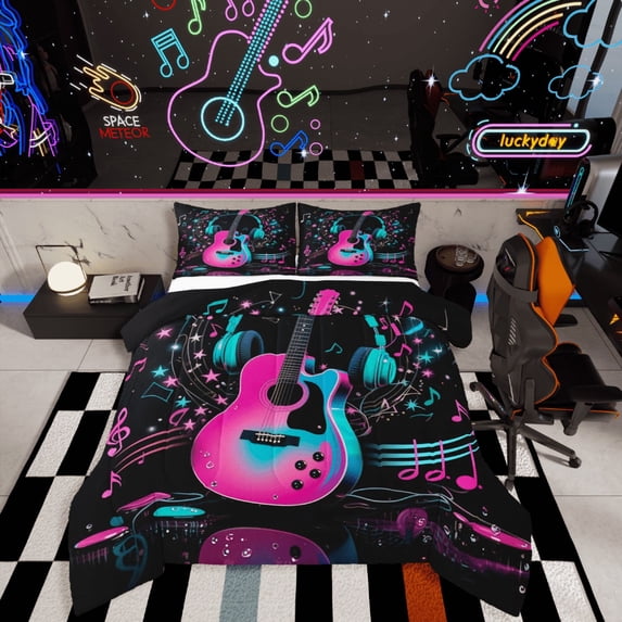 Castle Fairy Music Guitar 3 Pieces Queen Comforter Set,Pink Blue Ultra Soft Bedding Sets,Musical Notes Bedding Comforter Set,Ultra Soft Melody Home Decor,Reversible
