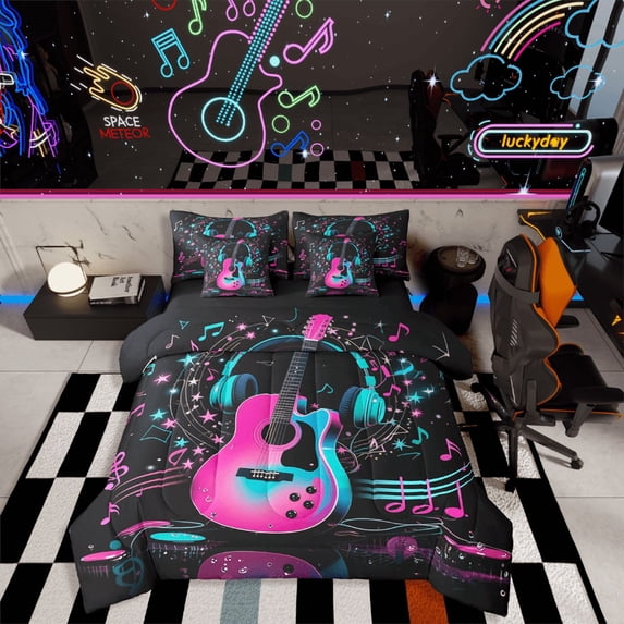 Castle Fairy Music Guitar 7-Piece Twin Bedding Sets,Pink Blue Bedding Comforter Set,Musical Notes Breathable Sheet Sets,Ultra Soft Melody Home Decor,Reversible