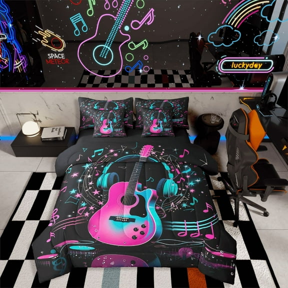 Castle Fairy Music Guitar 7-Piece Twin Bedding Sets,Pink Blue Bedding Comforter Set,Musical Notes Breathable Sheet Sets,Ultra Soft Melody Home Decor,Reversible