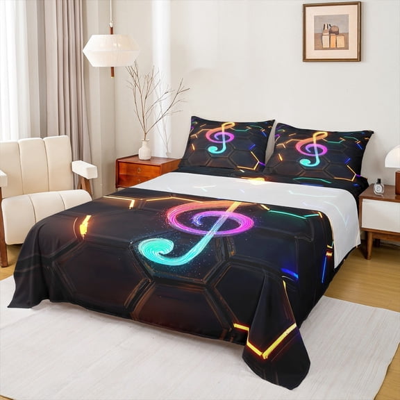 Castle Fairy Musical Notes 4pcs Bed Sheets,Geometric Honeycomb King Sheets,Gradient Melody Super Cozy Sheet Set,Luxury Music Bedroom Decor