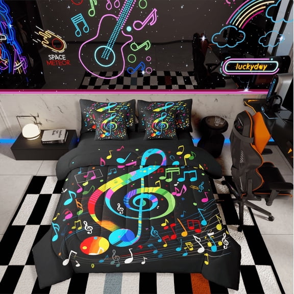 Castle Fairy Musical Notes 7 Pieces Bedding Comforter Set,Gradient Ombre Full Bedding Set Lightweight,Music Theme Fitted Sheet Flat Sheet,Luxury Teens Bedroom Decor,Reversible