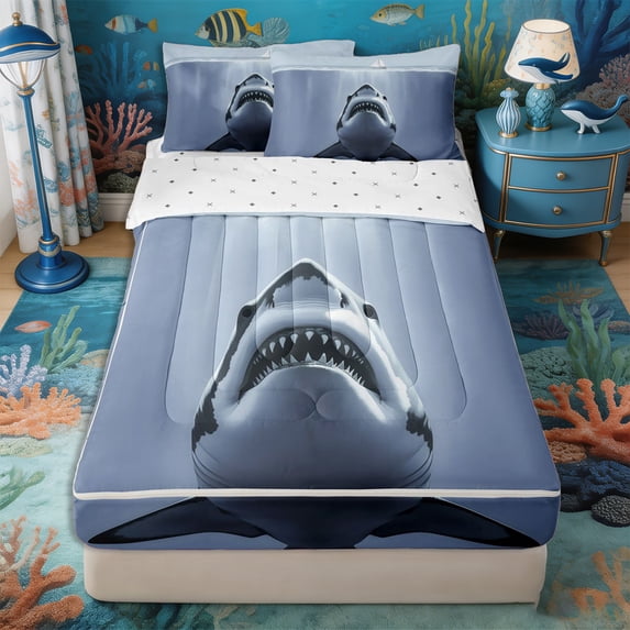 Castle Fairy Muted Tone Underwater Shark Art Zipper Full Size Comforter Sets with Fitted Sheet and 2 Pillowcases,Small Yacht Calm Deep Sea Landscape Zipper Bedding Set,Slate Blue,Reversible,4pcs