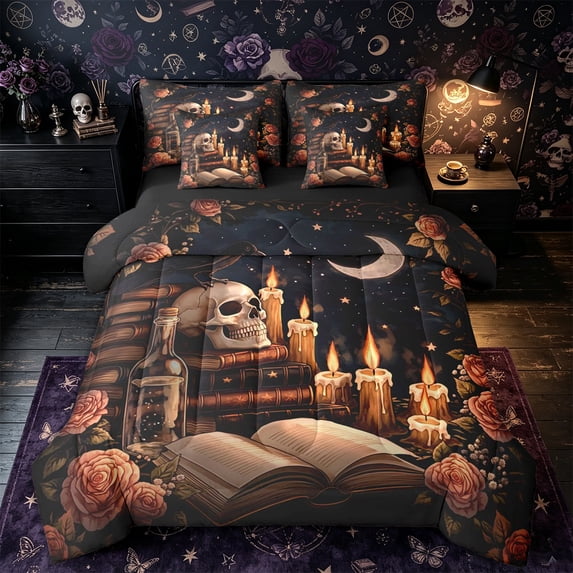 Castle Fairy Mystic Gothic Raven Skull 7-Piece Twin Bedding,Starry Moon Floral Bedding Comforter Set,Dark Taupe,Black Reversible