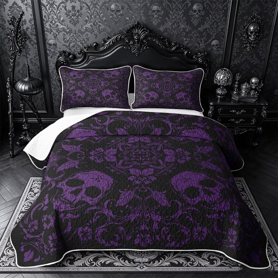 Castle Fairy Mystic Gothic Skull Bed Spread Queen,Vintage Floral Border Queen Coverlet Set,Black Violet