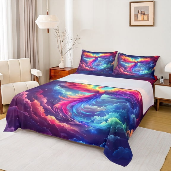 Castle Fairy Mythology Phoenix Bed Sheets for Boys Girls,Flame Bird King Sheets