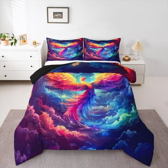 Castle Fairy Mythology Phoenix Queen Comforter Set,Flame Bird Bedding Comforter Set