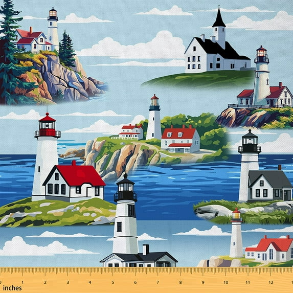 Castle Fairy Nautical Lighthouse Fabric by the Yard 2 Yards for Teens,Ocean Theme Room Decor Fabric by the Yard,Sea Theme Sewing Fabric,Lightweight Room Decor