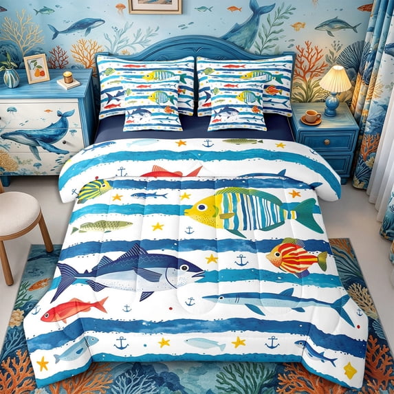 Castle Fairy Nautical Striped Ocean Fish 7-Piece Twin Bedding,Anchor Starfish Wave Border Graphic Bedding Comforter Set,Blue White,Navy Blue Reversible