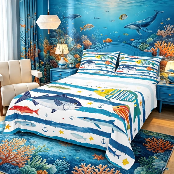 Castle Fairy Nautical Striped Ocean Fish Queen Sheets 4 Pieces,Anchor Starfish Wave Border Graphic Queen Sheet Sets,Blue White,1 Fitted Sheet,1 Flat Sheet and 2 Pillowcases