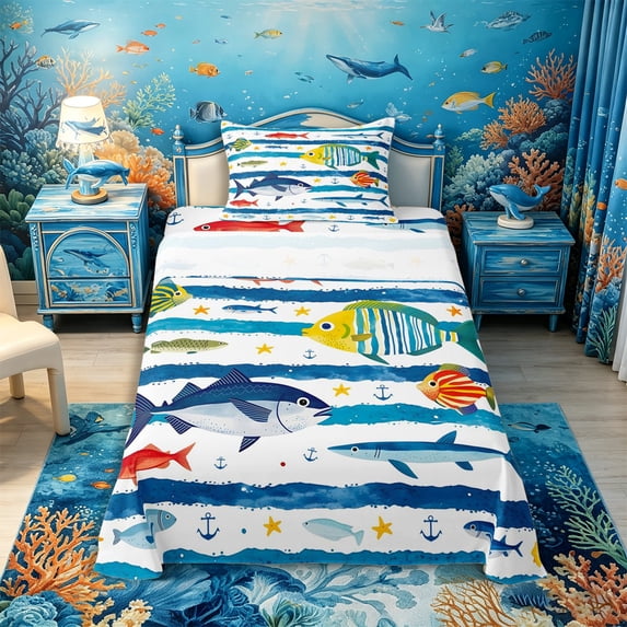 Castle Fairy Nautical Striped Ocean Fish Twin Sheets 3pcs,Anchor Starfish Wave Border Graphic Bedding,Blue White,1 Fitted Sheet,1 Flat Sheet and 1 Pillowcase