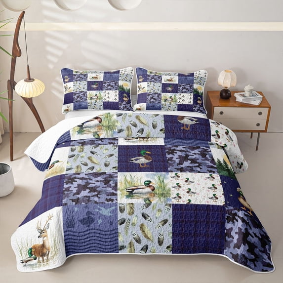 Castle Fairy Navy Patchwork Duck Deer Twin Quilt Set,Feather Plaid Camo Twin Coverlet Set,Navy Brown White
