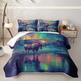 thumbnail image 1 of Castle Fairy Neon Aurora Moose Quilt King for Teens,Glow Pine Lake Star King Coverlet Set,Teal Orange Purple, 1 of 7
