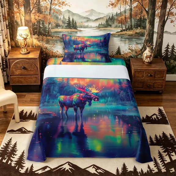 Castle Fairy Neon Aurora Moose Twin Sheets 3pcs for Teens,Glow Pine Lake Star Bedding,Teal Orange Purple,1 Fitted Sheet, 1 Flat Sheet and 1 Pillowcase