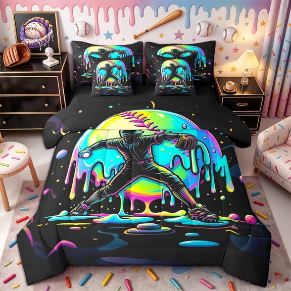 Castle Fairy Neon Baseball Pitcher Print Twin Bedding 7-Piece, Ice Cream Drip Bedding Comforter Set, Black Blue,Black Reversible