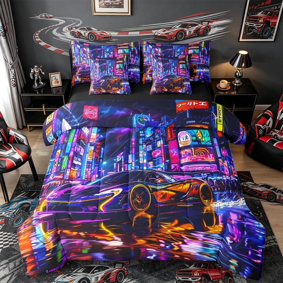 Castle Fairy Neon City Sports Car Twin Bedding Sets 7-Piece for Boys, Night Light Art Bedding Comforter Set for Bedroom, Purple Blue,Black Reversible
