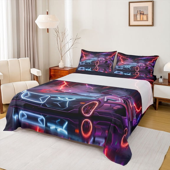 Castle Fairy Neon Cyber Race Car Bed Sheets 4pcs for Teens, Lightning Print King Sheets for Bedroom, Purple Black