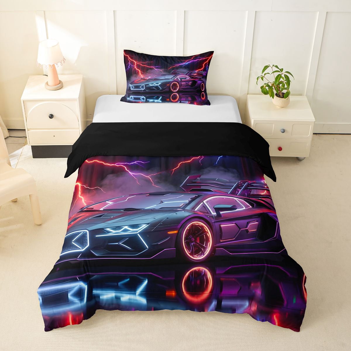Castle Fairy Neon Cyber Race Car Twin Bedding for Teens, Lightning ...