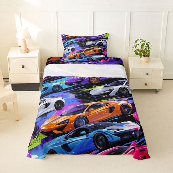 Castle Fairy Neon Cyberpunk Supercar Twin Sheet Sets 3pcs for Teens, Racing Sports Car Bedding for Bedroom, Orange Blue Purple