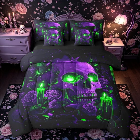 Castle Fairy Neon Dark Goth Skull Full Size Bedding Sets 7 Pieces,Gothic Butterfly Rose Full Size Bed in a Bag,Purple Green,Black Reversible
